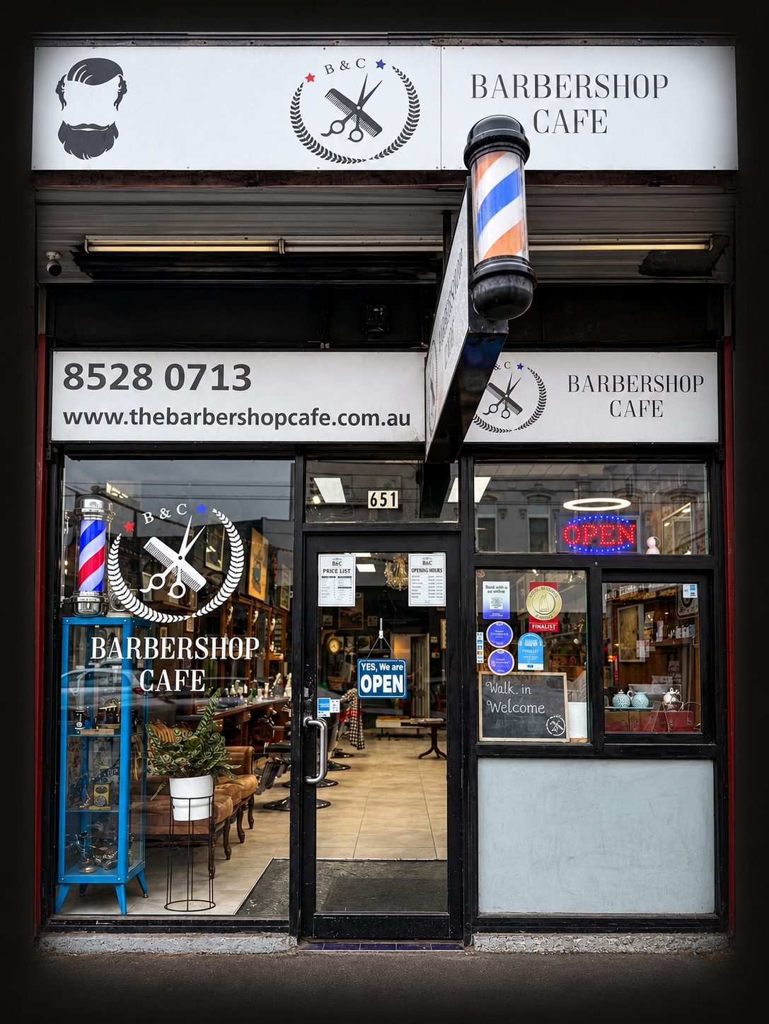Front of B&C Barbershop Cafe at 651 Sydney Road, Brunswick